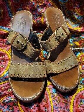 Coach Kendra Tan Genuine Suede Leather Slides Sandals High Heel Women's Size 5